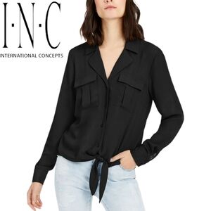 INC International Concepts Button Down Tie Front Black Semi Sheer Blouse Size 2X